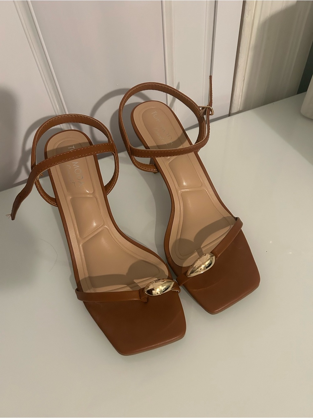 Classic Brown Ankle-Strap Sandals with Gold Accent